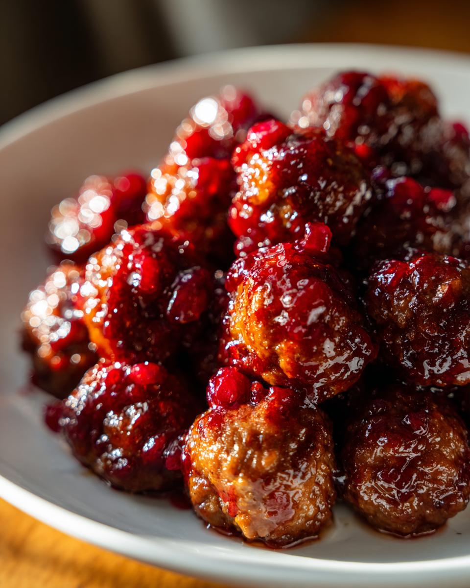 A close-up shot of glossy, saucy cranberry meatballs piled high on a white plate.