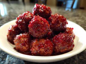 A white bowl filled with glistening, saucy cranberry meatballs, coated in a thick, dark red glaze.