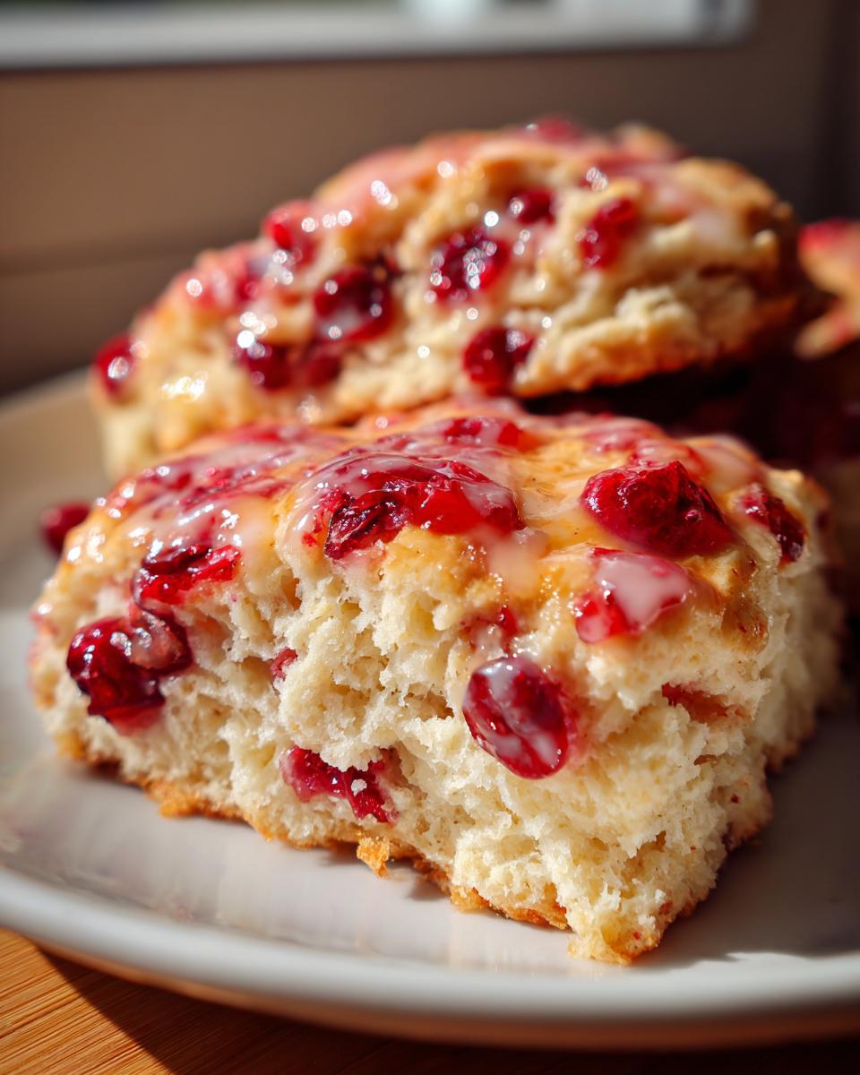 A close-up cross-section of a flaky cranberry orange scone topped with a sweet glaze and bright red cranberries.