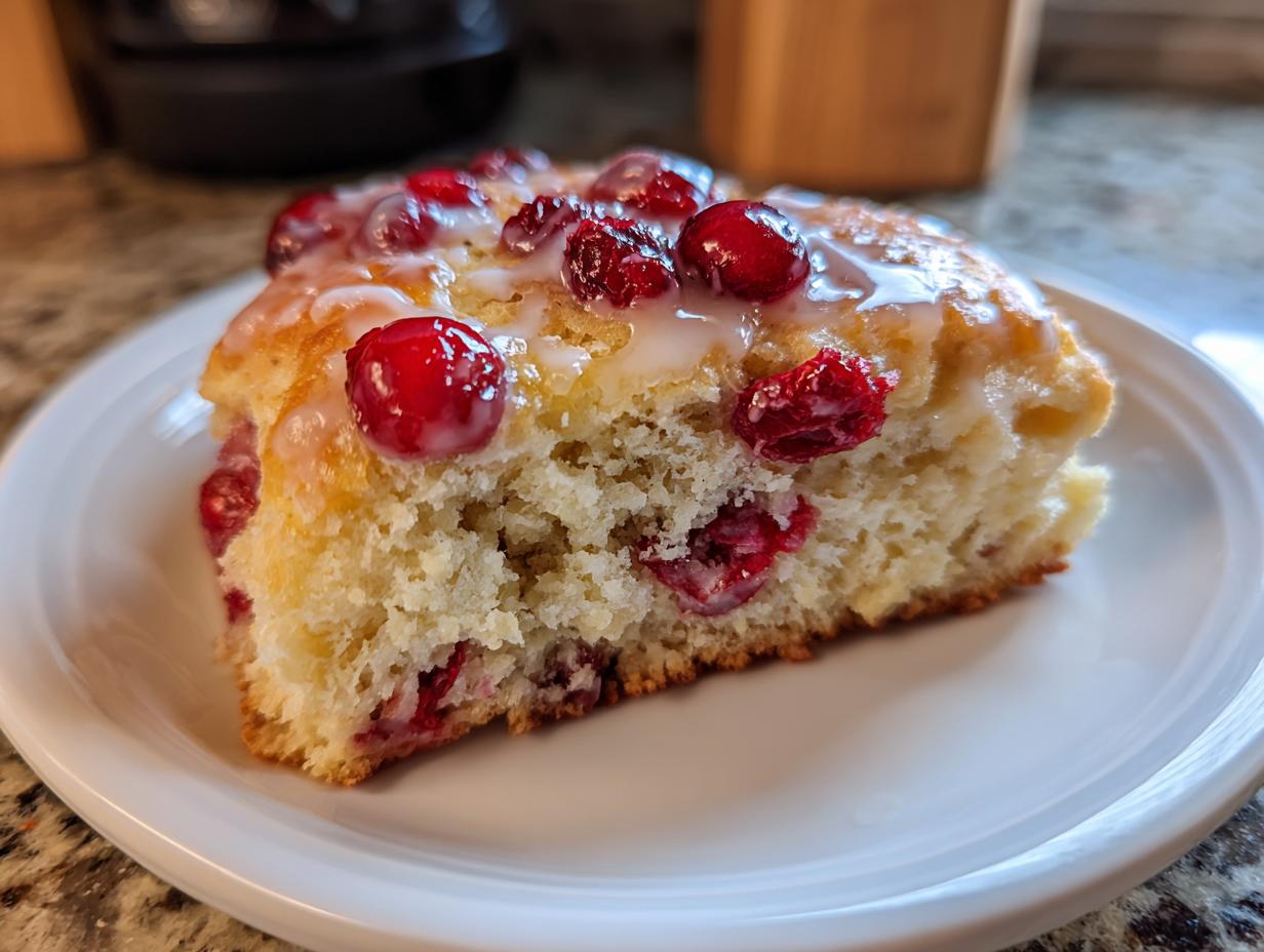 A close-up of a single slice of a fluffy cranberry orange scone topped with bright red cranberries and a white glaze.