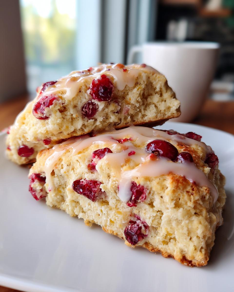 Two halves of a delicious cranberry orange scone stacked, drizzled with a light glaze, on a white plate.