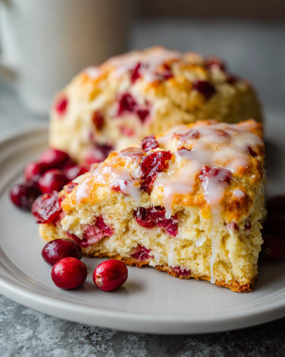 A close-up of a slice of cranberry orange scones topped with white glaze, next to fresh cranberries.