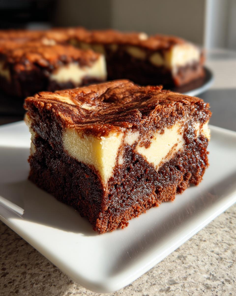 Close-up of a rich, fudgy cream cheese brownies square with a distinct cream cheese swirl on top.