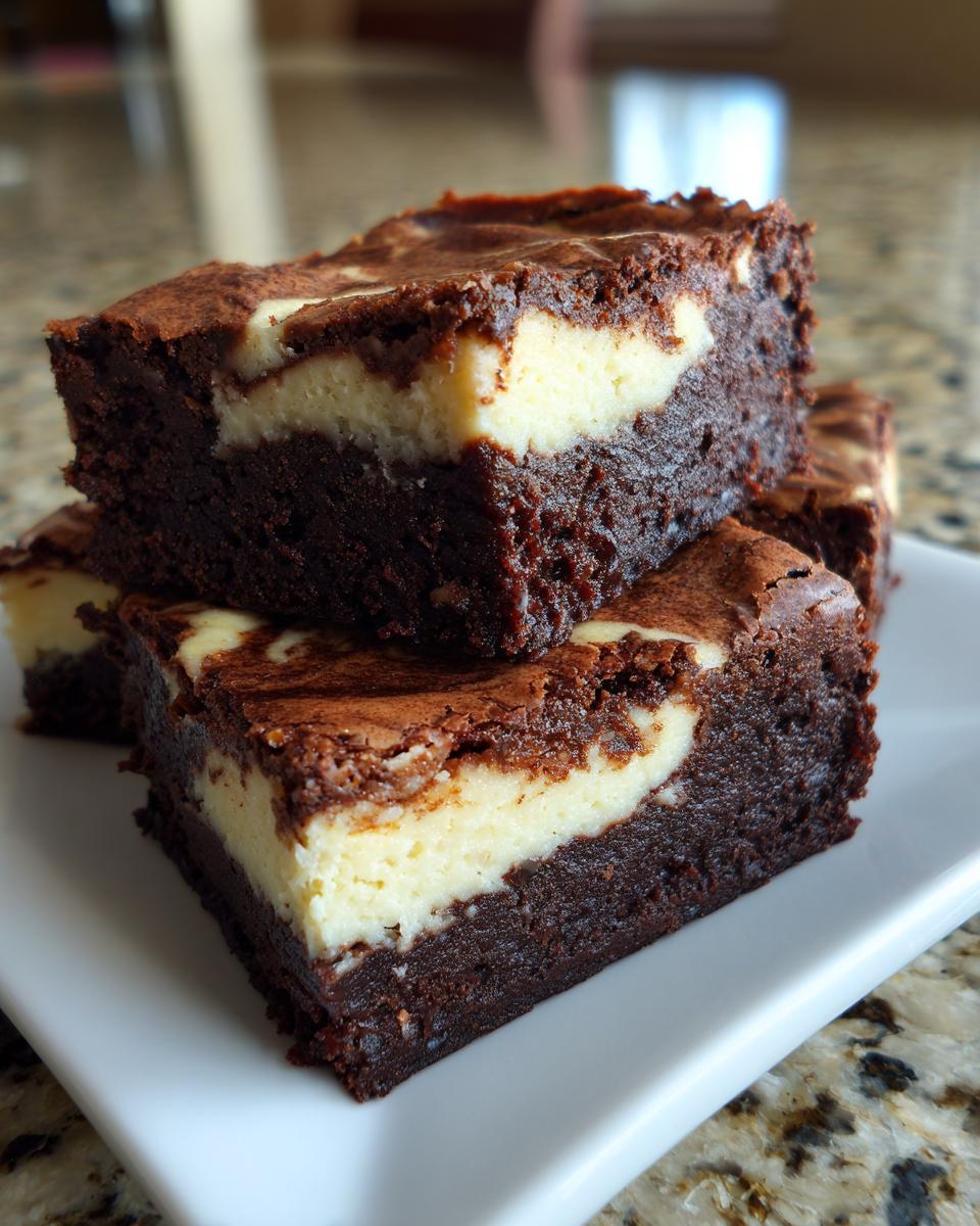 Stack of rich, fudgy cream cheese brownies showing a distinct white cream cheese layer.