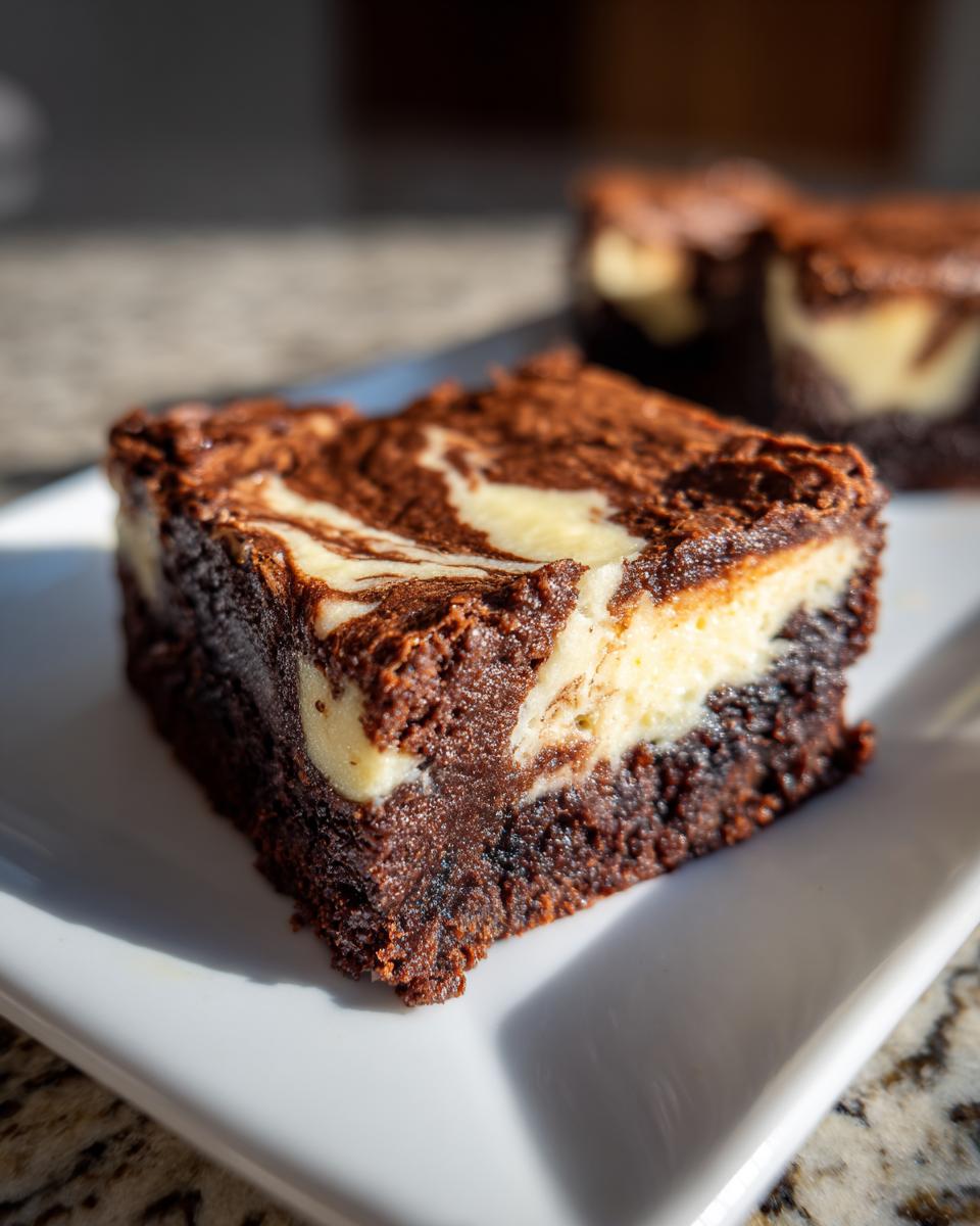 A close-up of a rich, fudgy cream cheese brownies square with a distinct chocolate and cream cheese swirl pattern.