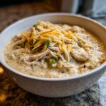 A close-up of a white bowl filled with creamy, shredded cream cheese chicken chili, topped with shredded cheddar cheese.