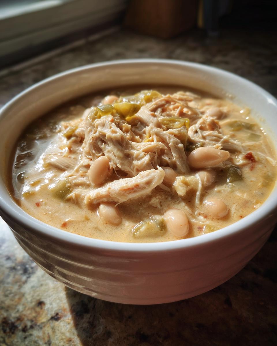 A close-up of a white bowl filled with creamy cream cheese chicken chili, featuring shredded chicken, white beans, and green chilies.