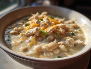Close-up of a creamy bowl of cream cheese chicken chili topped with shredded chicken and cheddar cheese.