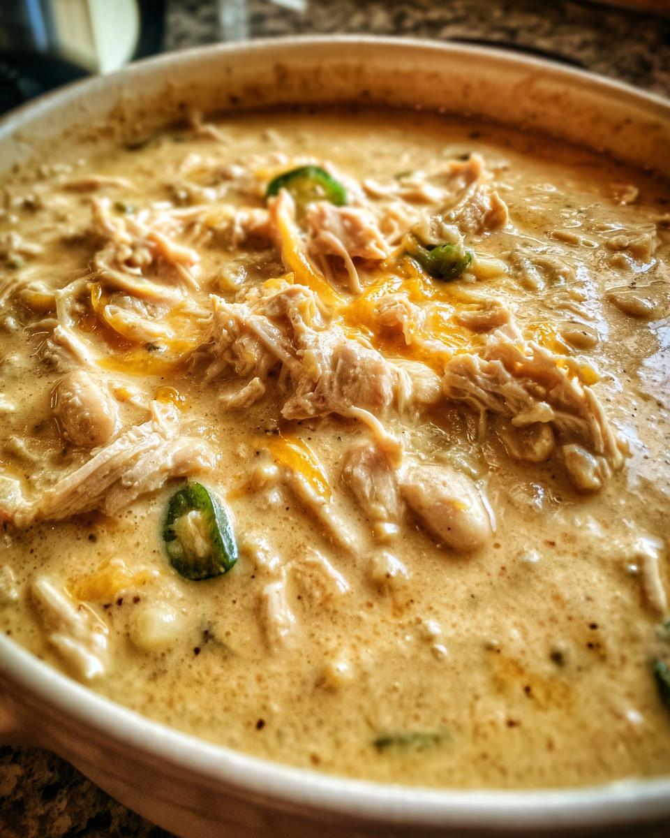 A creamy, rich bowl of cream cheese chicken chili topped with shredded chicken, white beans, and sliced jalapeños.