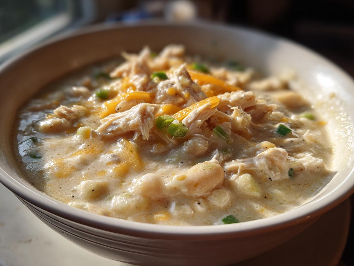 Close-up of a creamy bowl of cream cheese chicken chili topped with shredded chicken and cheddar cheese.