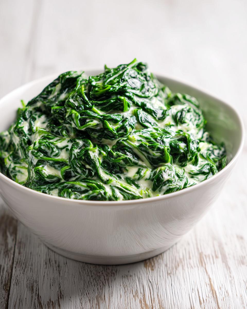 A close-up of vibrant green spinach coated in a rich, white cream sauce, ready to serve as part of a creamed spinach recipe.