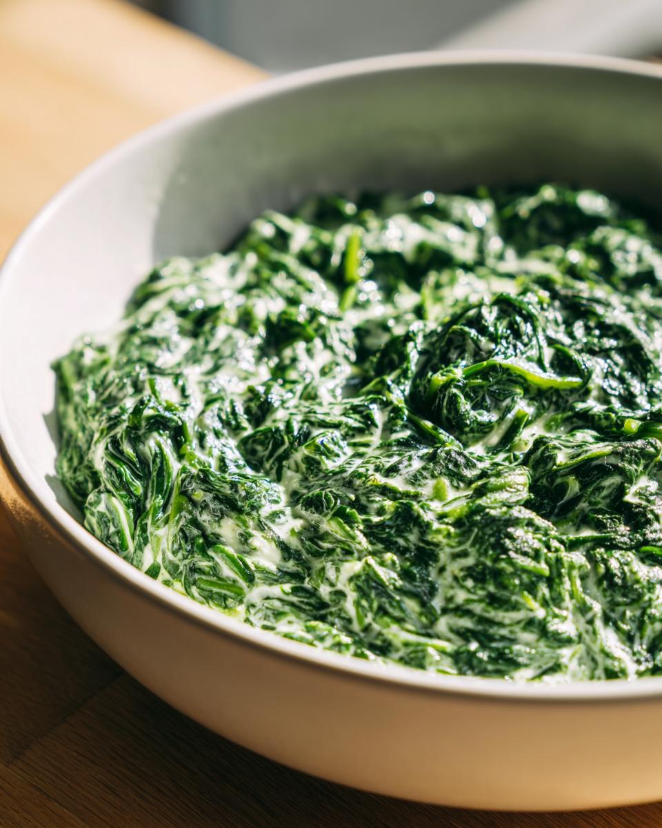 Close-up of rich, vibrant green creamed spinach recipe served in a light-colored bowl.