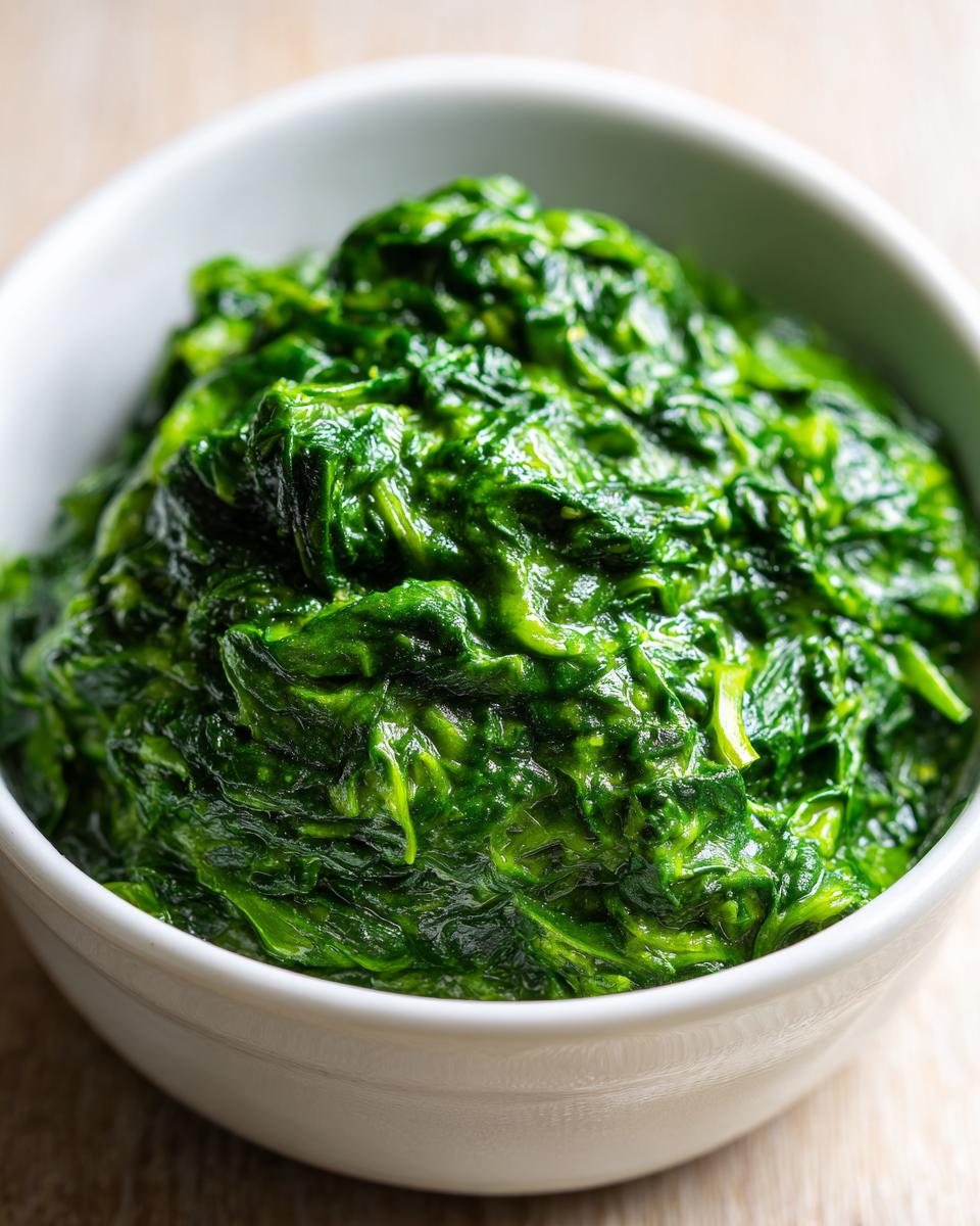 Close-up of rich, vibrant green creamed spinach recipe served in a small white bowl.