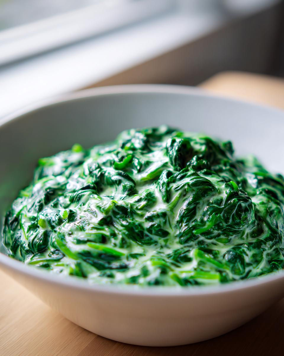 A close-up of rich, vibrant green creamed spinach recipe served in a white bowl.