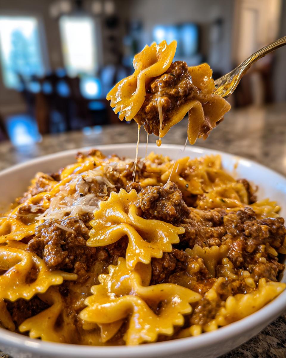 A fork lifts a bite of creamy beef pasta featuring bowtie noodles and melted cheese strings.