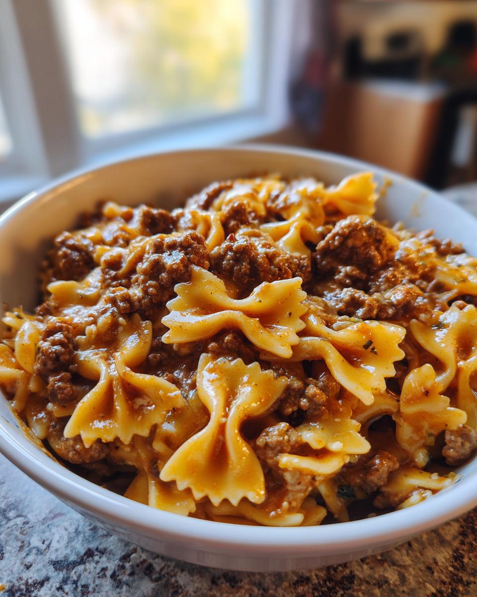 Close-up of creamy beef pasta featuring farfalle (bowtie) noodles mixed with ground beef sauce in a white bowl.