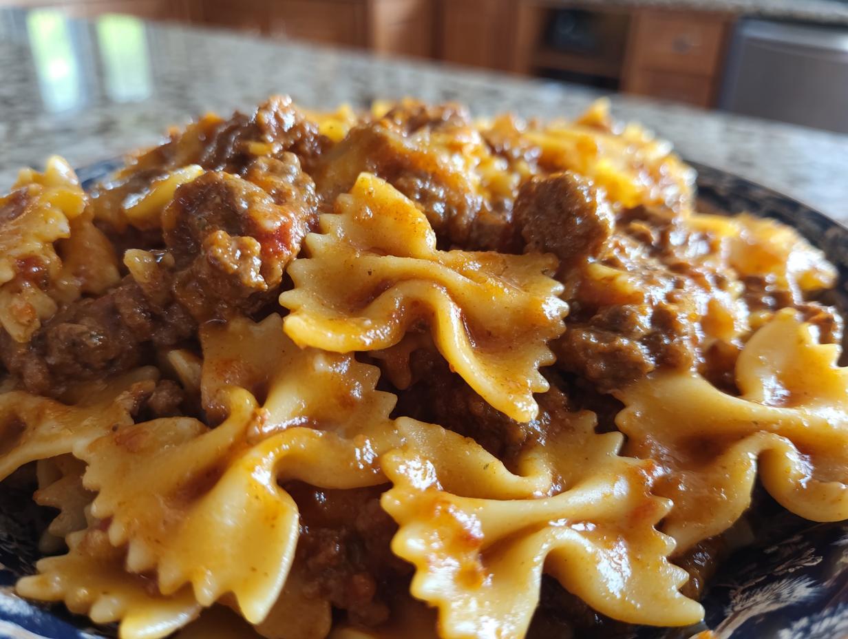 Close-up of creamy beef pasta featuring farfalle (bowtie) noodles coated in a rich sauce.