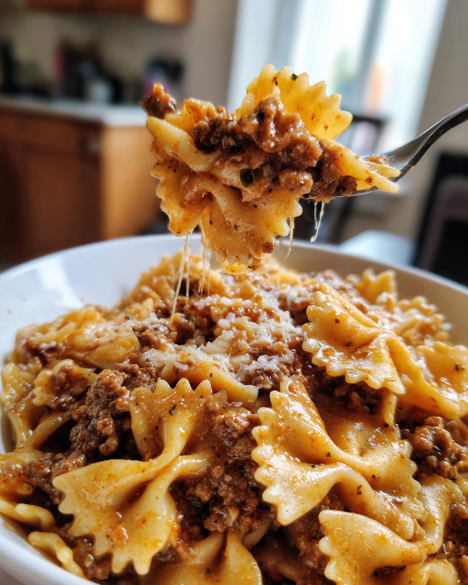 A fork lifts a bite of creamy beef pasta featuring farfalle noodles and melted cheese.