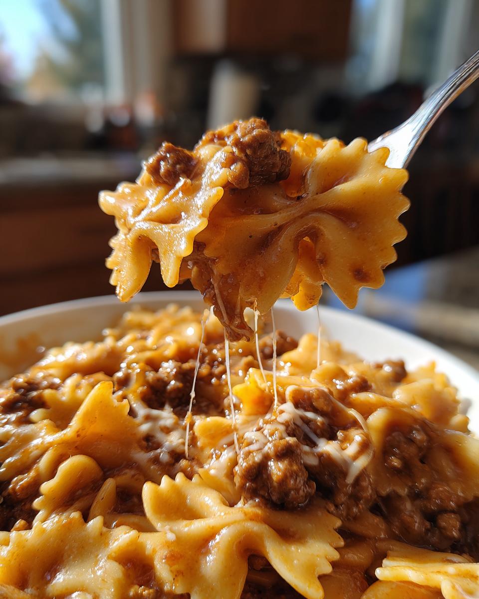 Close-up of a fork lifting a bow-tie pasta coated in creamy beef pasta sauce and melted cheese.