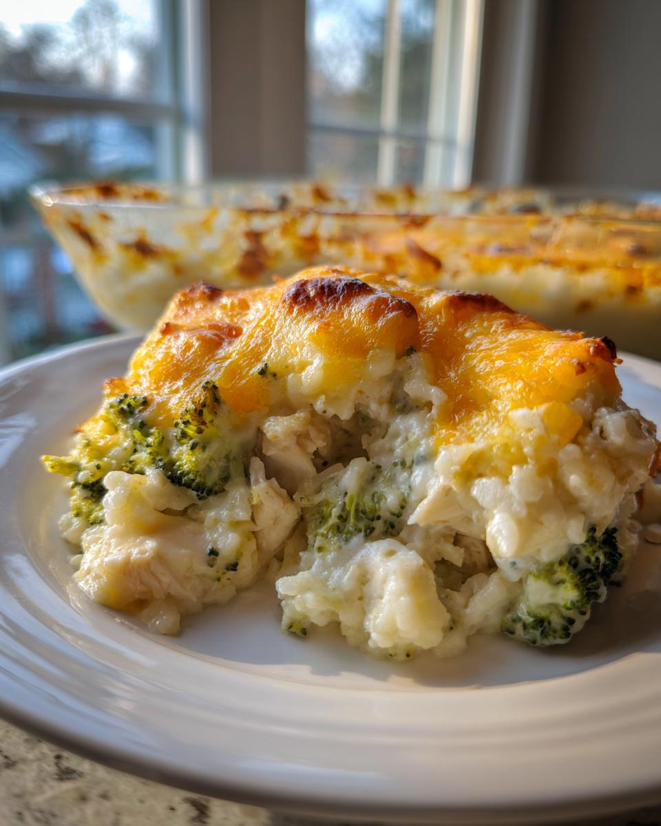 A generous serving of creamy broccoli chicken rice casserole topped with melted, browned cheddar cheese on a white plate.