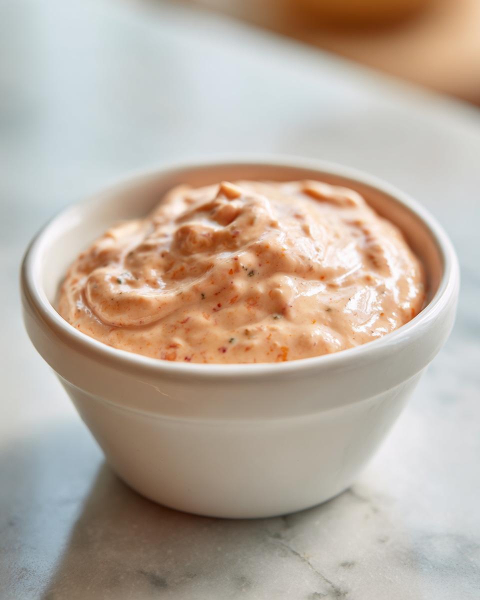 Close-up of creamy, orange-hued burger sauce speckled with spices, served in a small white bowl.