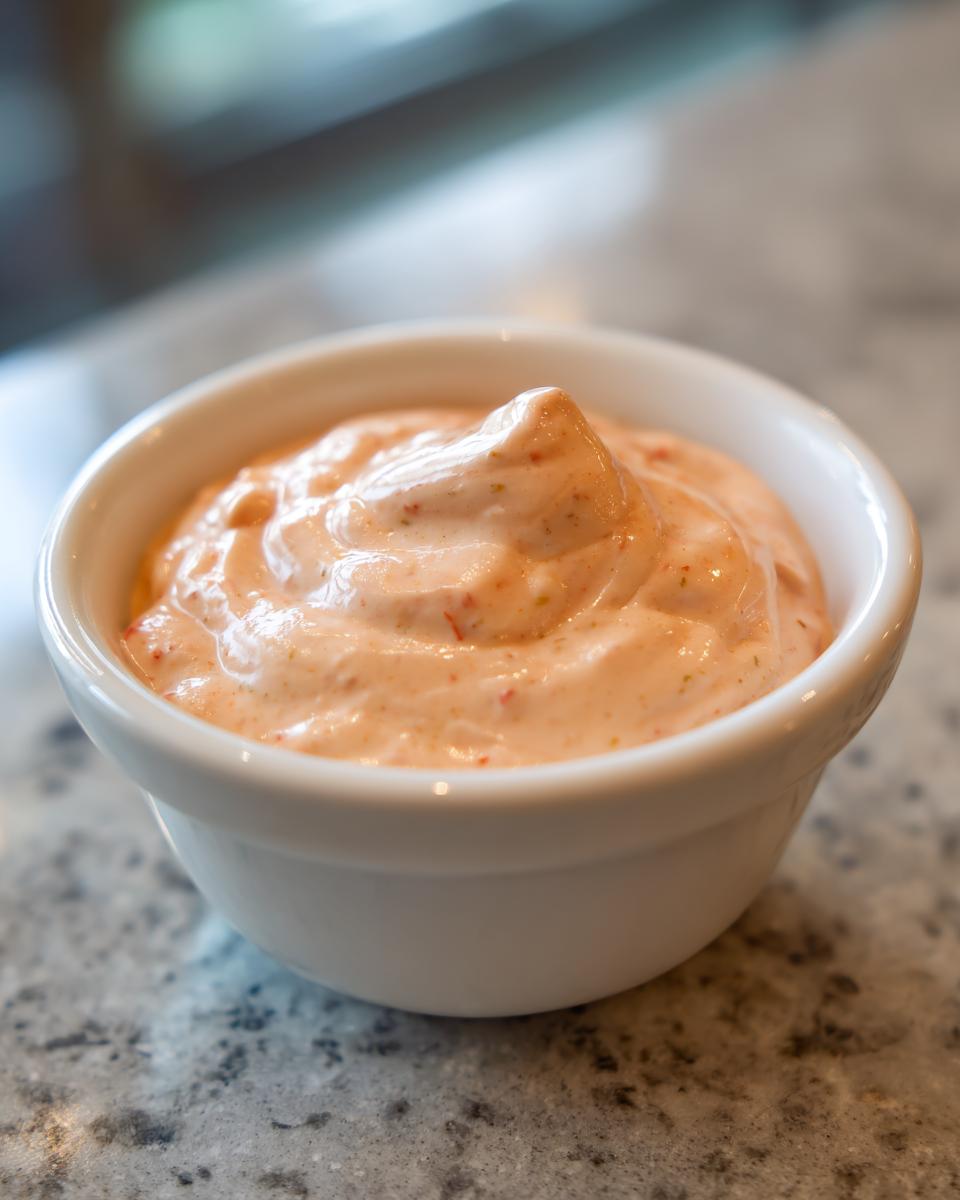 Close-up of creamy, orange-tinted burger sauce with visible specks, served in a small white dipping bowl.