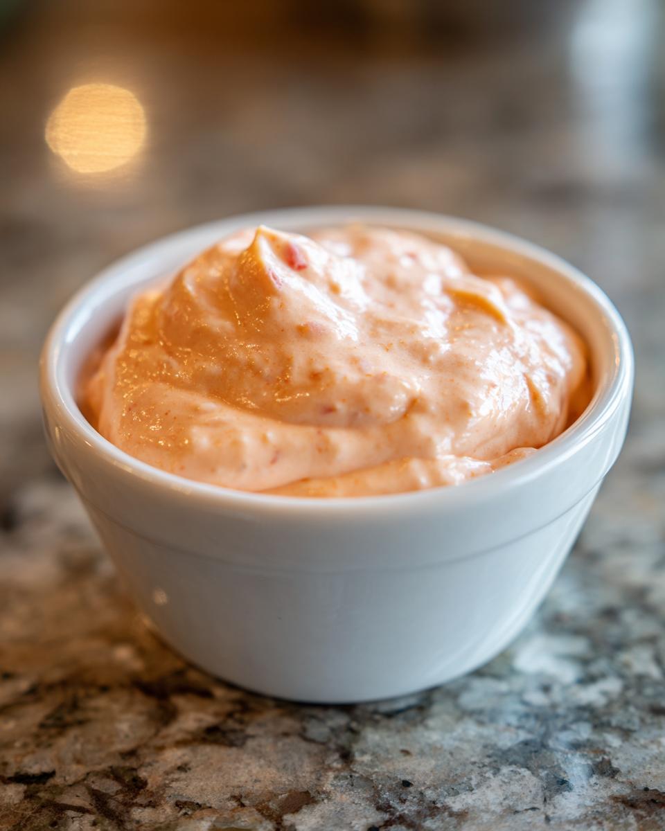 Close-up of creamy, orange-hued burger sauce swirled in a small white dipping bowl.