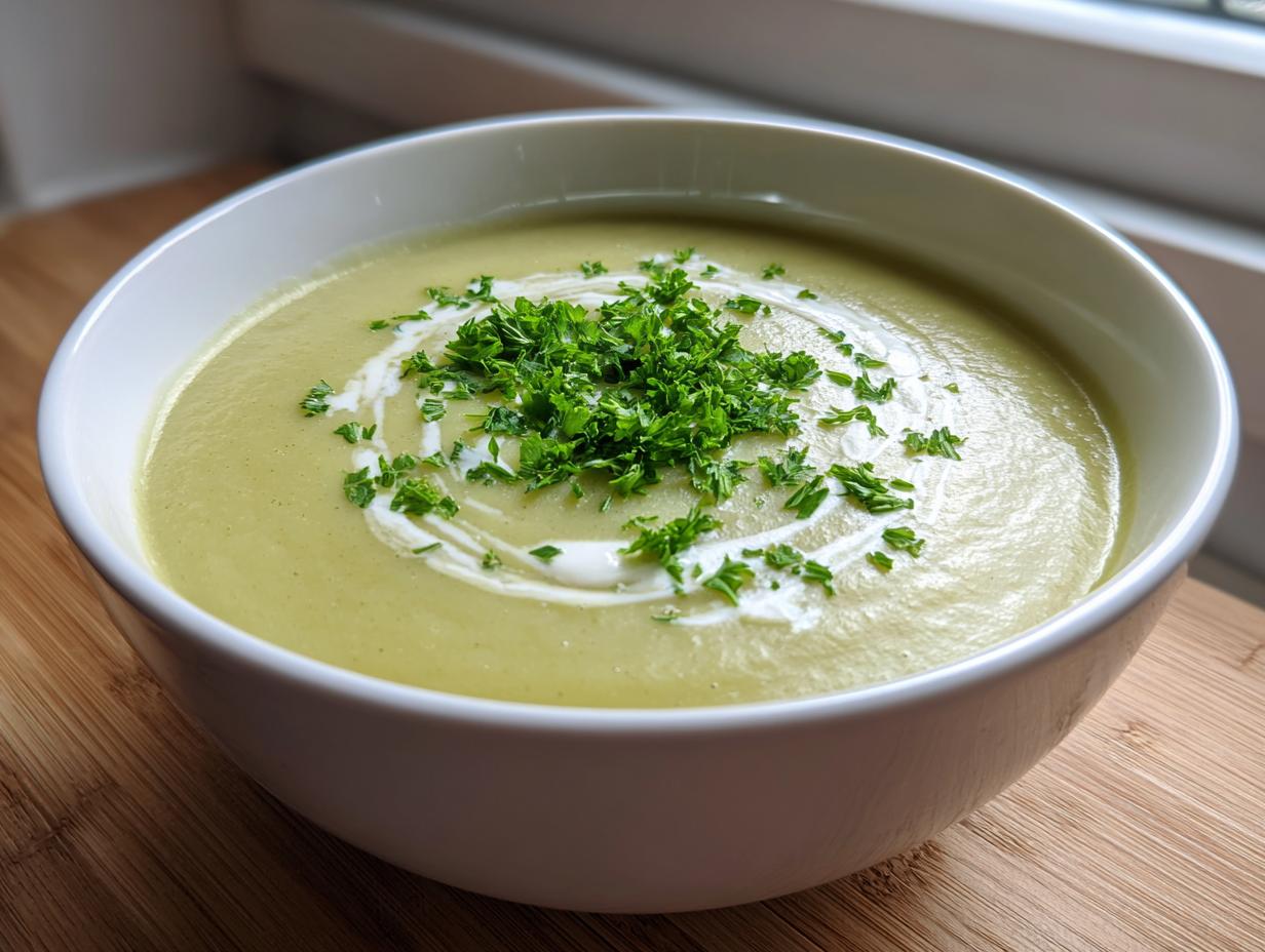 A close-up of a bowl of smooth, light green celery soup, topped with a swirl of cream and fresh chopped parsley.