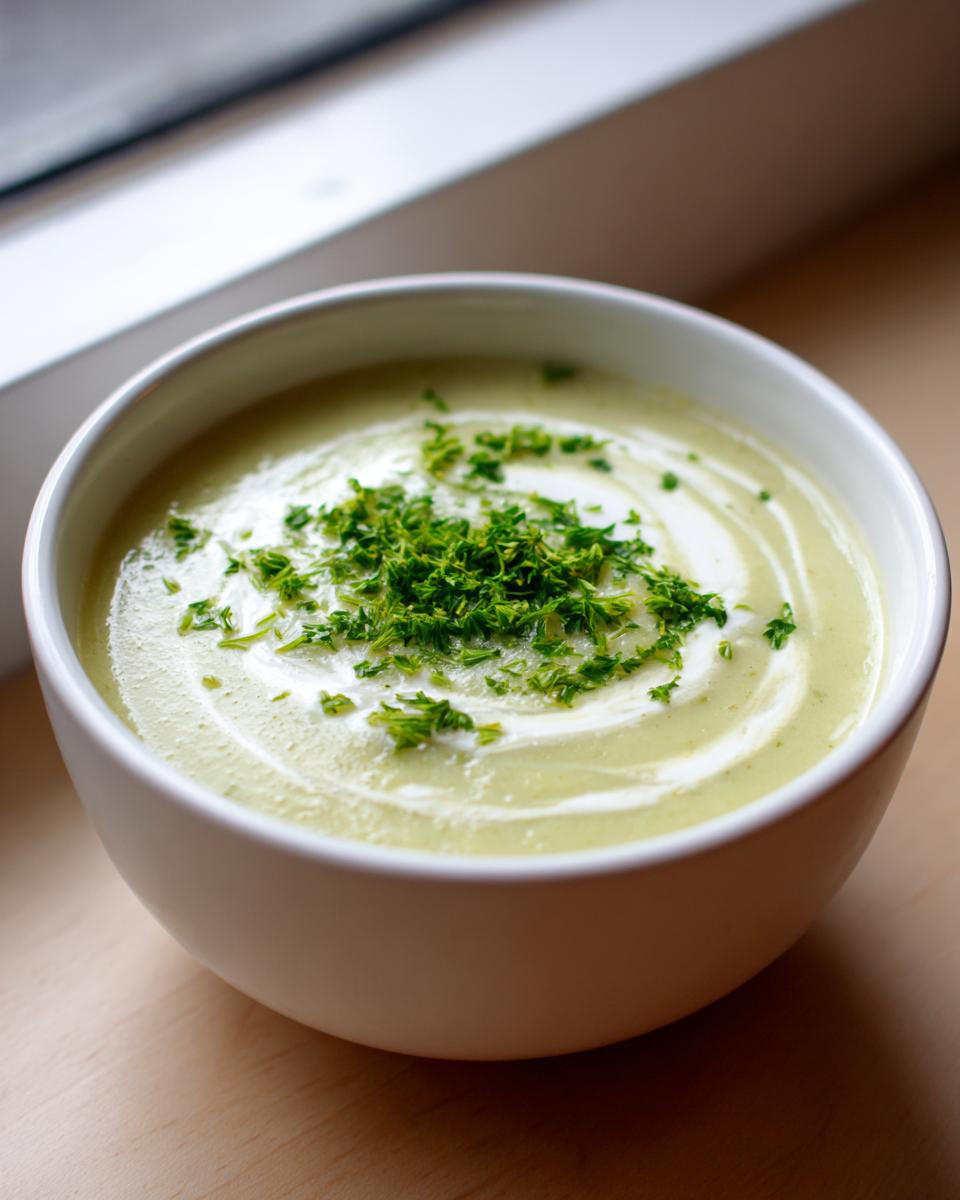 Close-up of a bowl of creamy, pale green celery soup topped with a swirl of cream and fresh chopped parsley.