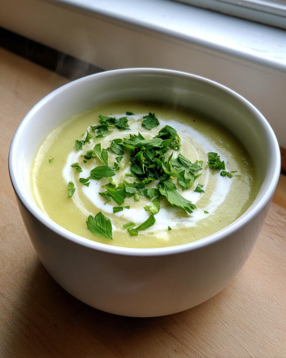 A white bowl filled with creamy, pale green celery soup, swirled with cream and topped with fresh parsley.