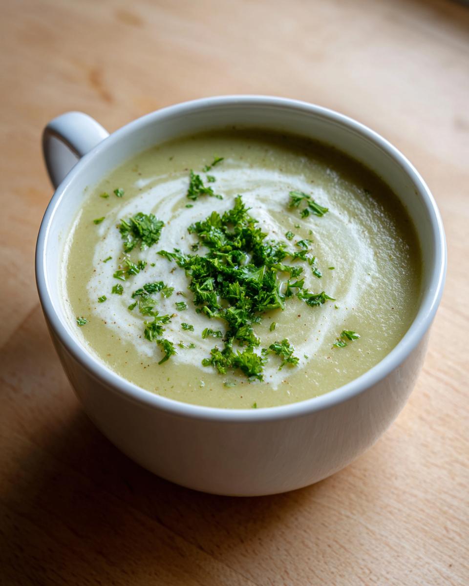 A close-up of creamy, light green celery soup in a white mug, swirled with cream and topped with fresh parsley.