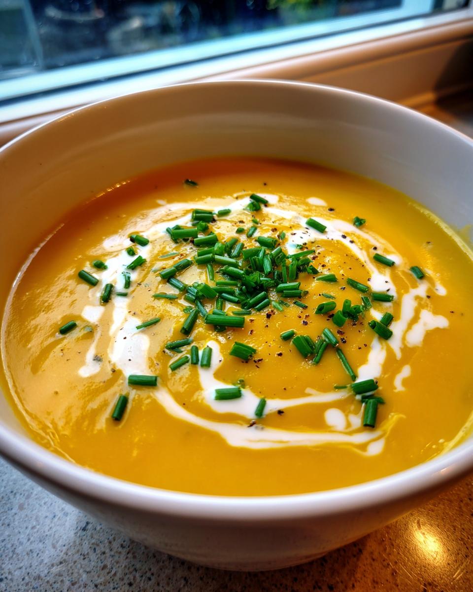 Close-up of a vibrant orange cheese soup topped with a swirl of cream and fresh chopped chives.