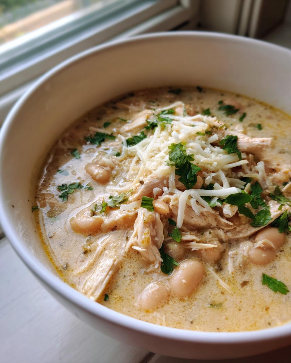 Close-up of a bowl of creamy white chicken chili recipe, featuring shredded chicken, white beans, and shredded cheese topping.