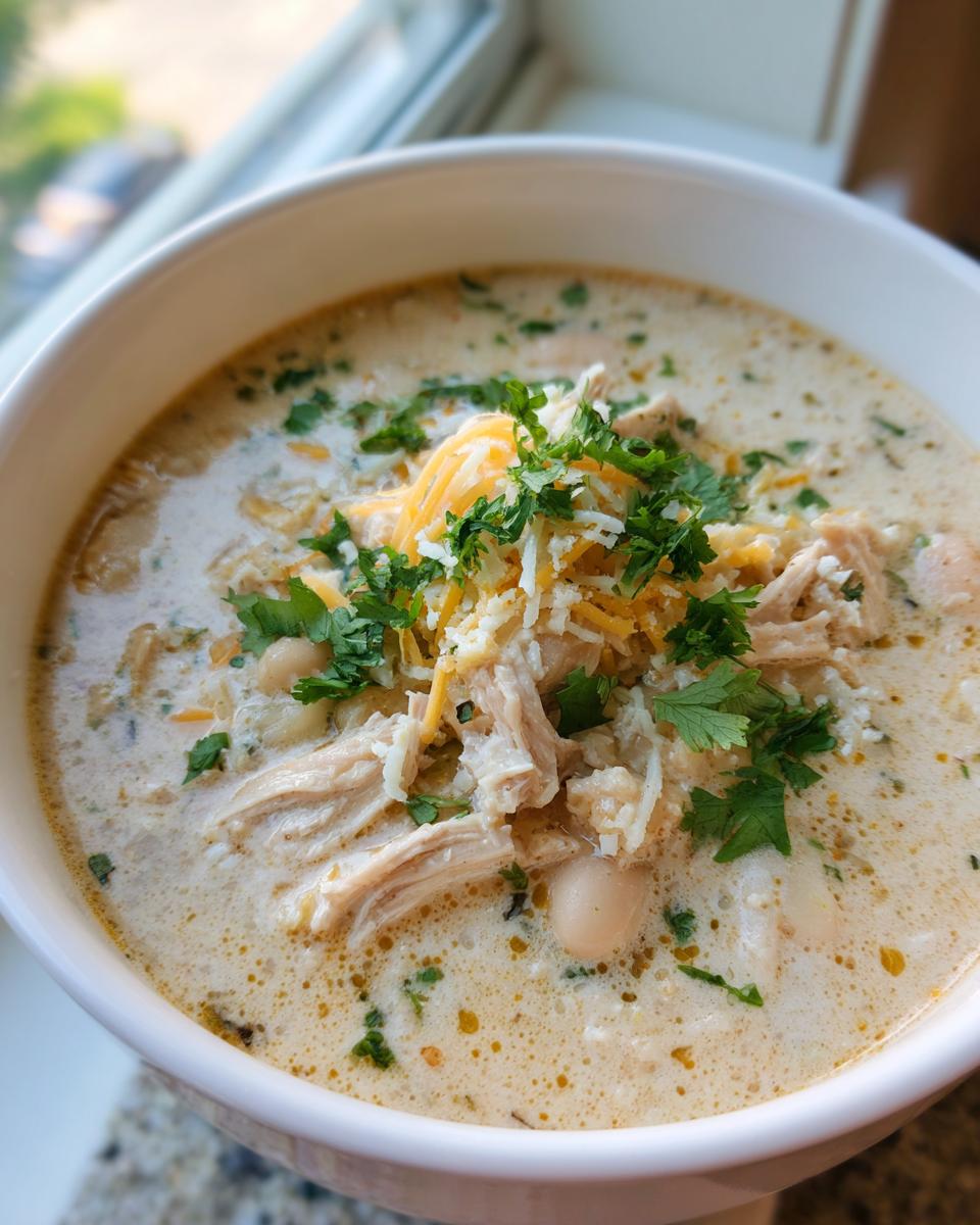 Close-up of a bowl of creamy white chicken chili recipe topped with shredded cheese and fresh cilantro.