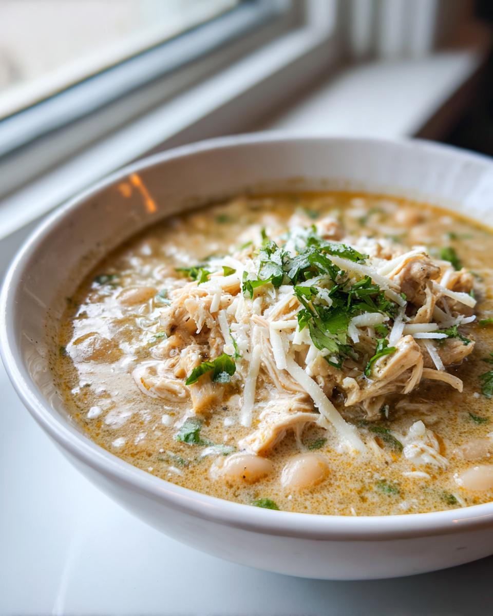 Close-up of a bowl of creamy white chicken chili recipe topped with shredded cheese and cilantro.