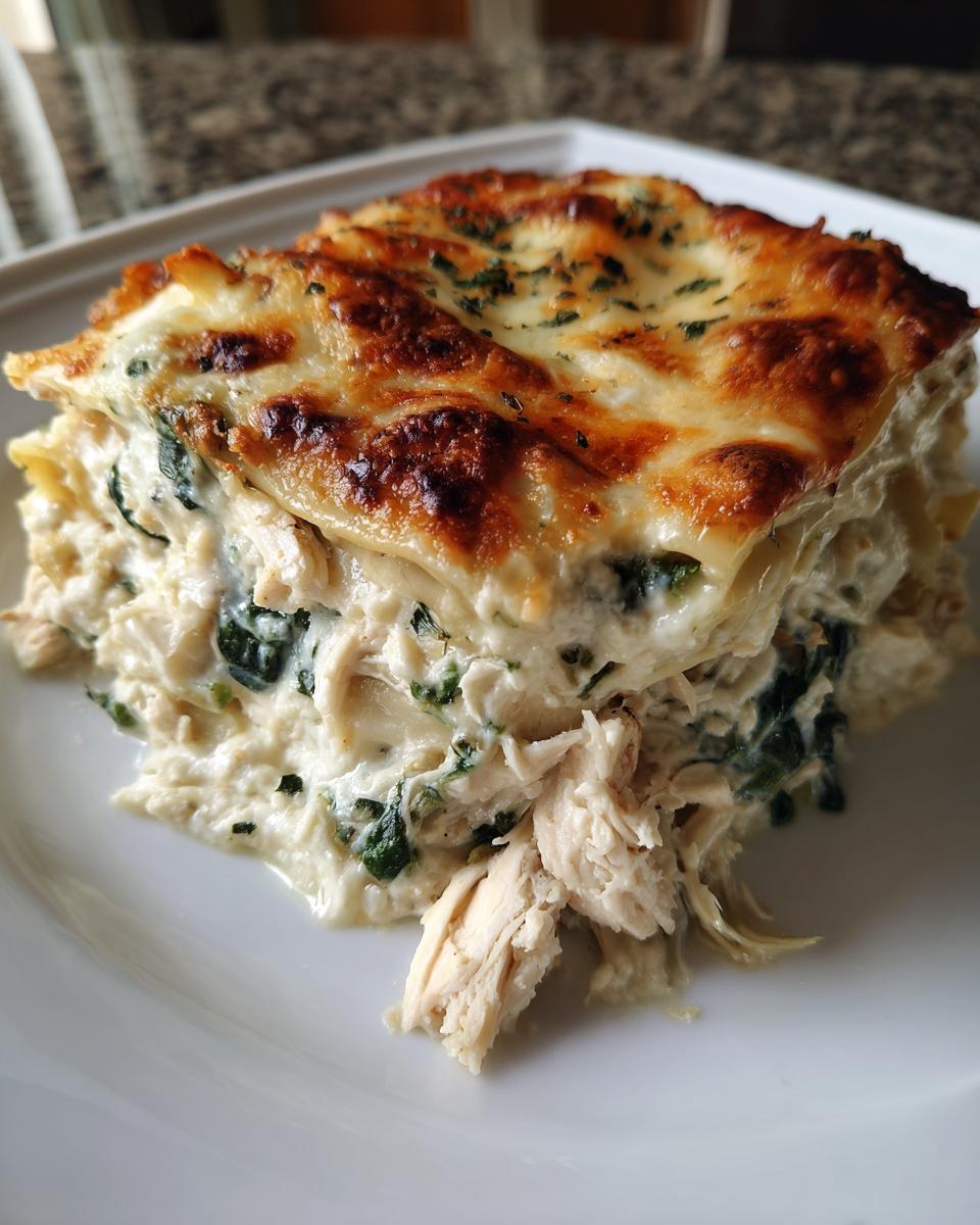 A generous slice of creamy chicken lasagna showing layers of shredded chicken, spinach, and a bubbly, browned cheese topping.