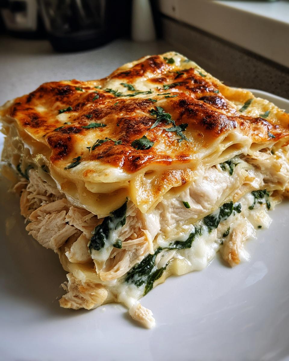 A generous slice of creamy chicken lasagna showing layers of shredded chicken, spinach, and white sauce, topped with browned cheese.