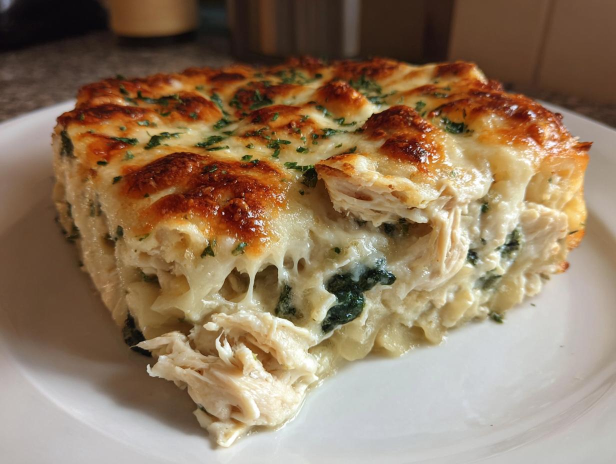 A generous slice of creamy chicken lasagna showing layers of pasta, shredded chicken, spinach, and a bubbly, browned cheese topping.