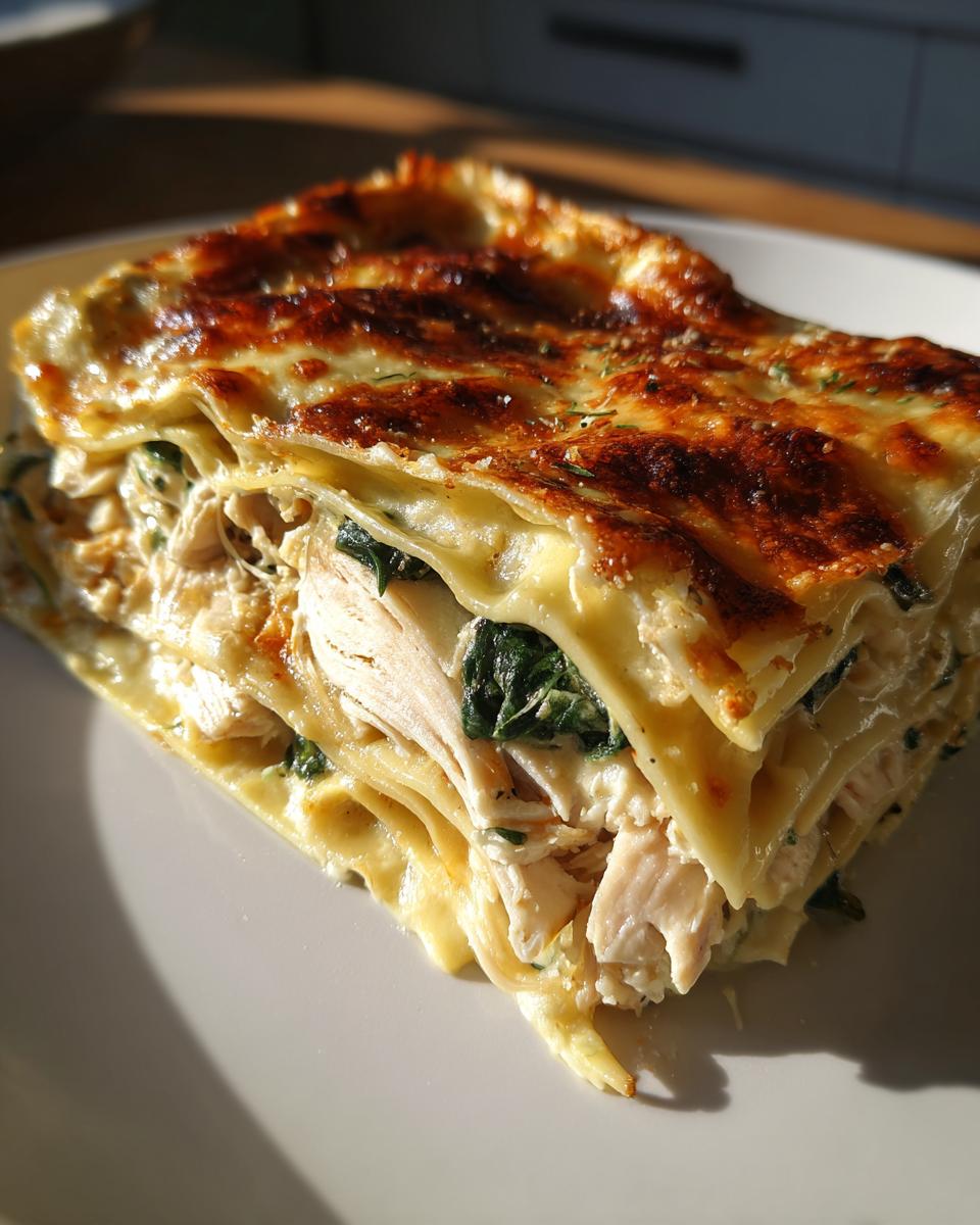 A close-up of a perfectly baked slice of chicken lasagna showing layers of pasta, shredded chicken, and spinach.
