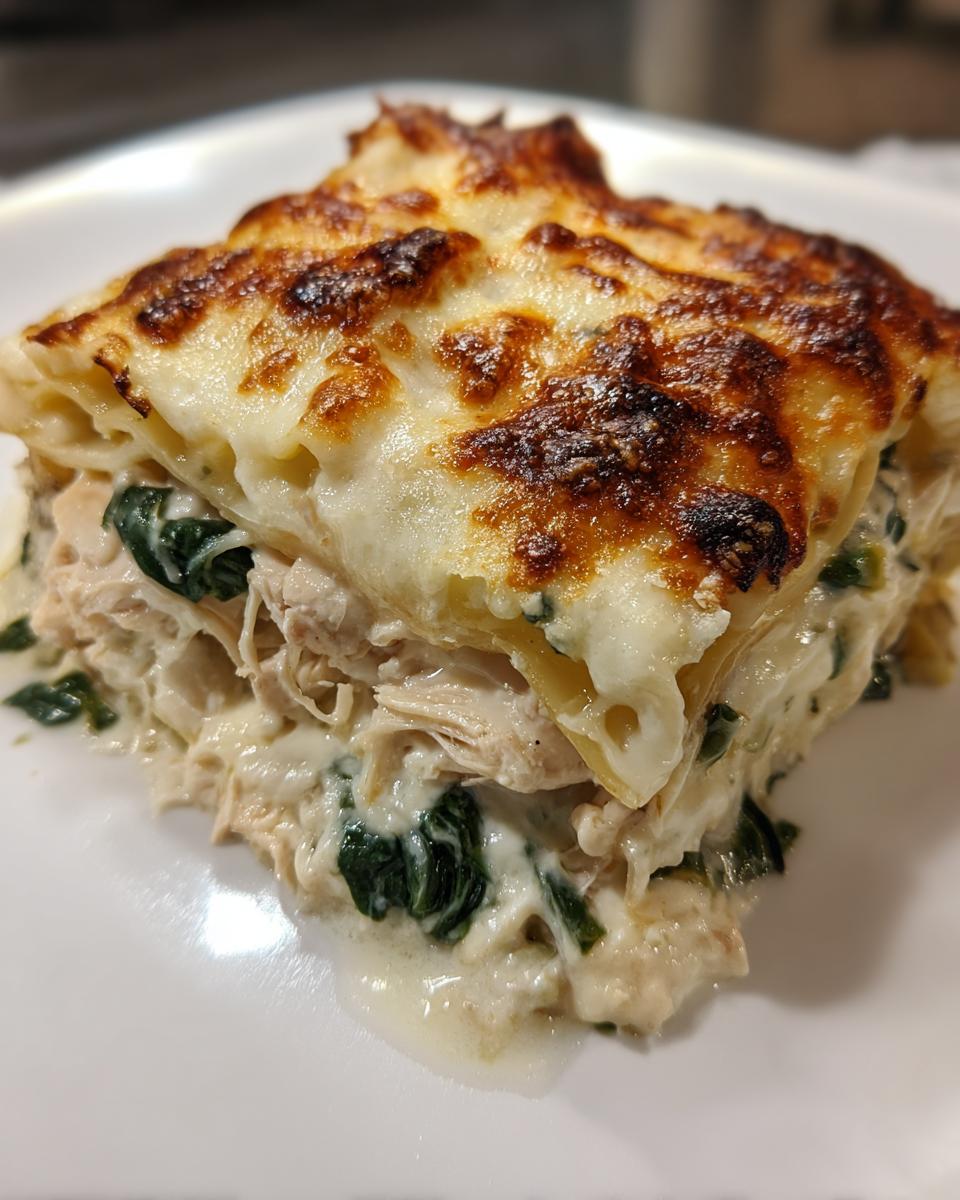 A close-up serving of creamy chicken lasagna featuring layers of shredded chicken, spinach, and a bubbly, browned cheese topping.