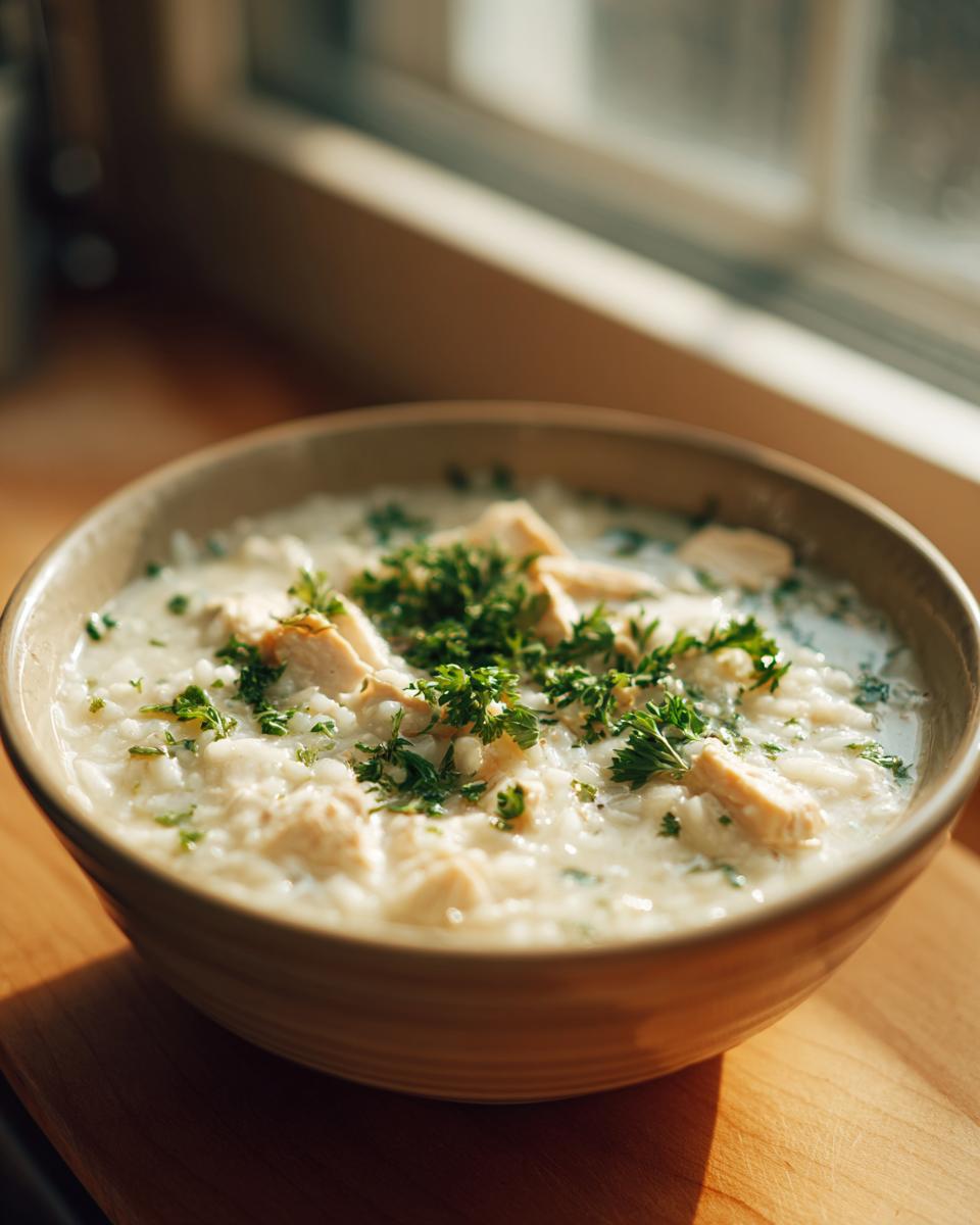 Close-up of a creamy chicken rice soup bowl topped with fresh parsley, perfect comfort food.