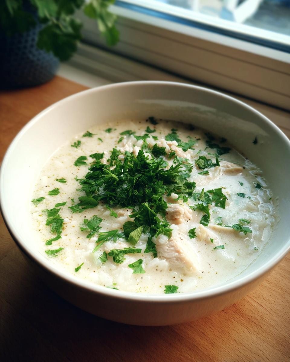 A close-up of a comforting bowl of creamy rice soup with chunks of chicken, heavily garnished with fresh parsley.