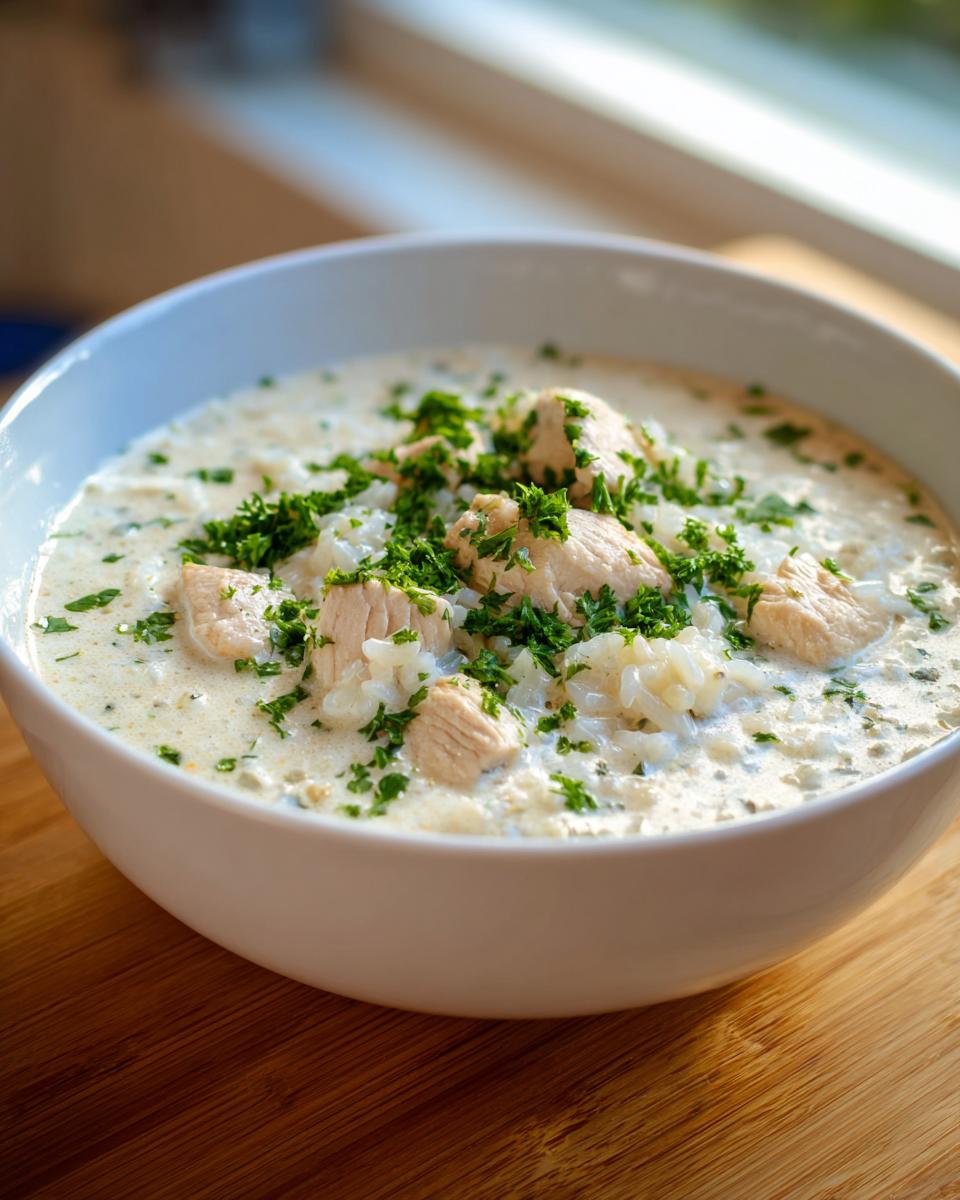 A close-up of a creamy chicken and rice soup in a white bowl, garnished generously with fresh chopped parsley.