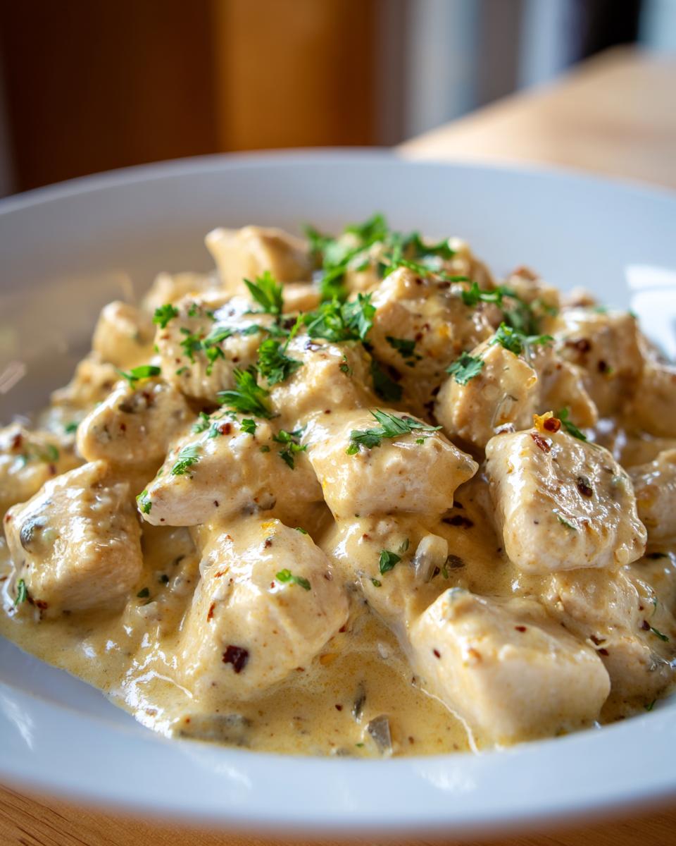 Close-up of tender chicken pieces coated in a rich, creamy sauce, garnished with parsley, representing coconut lime chicken.