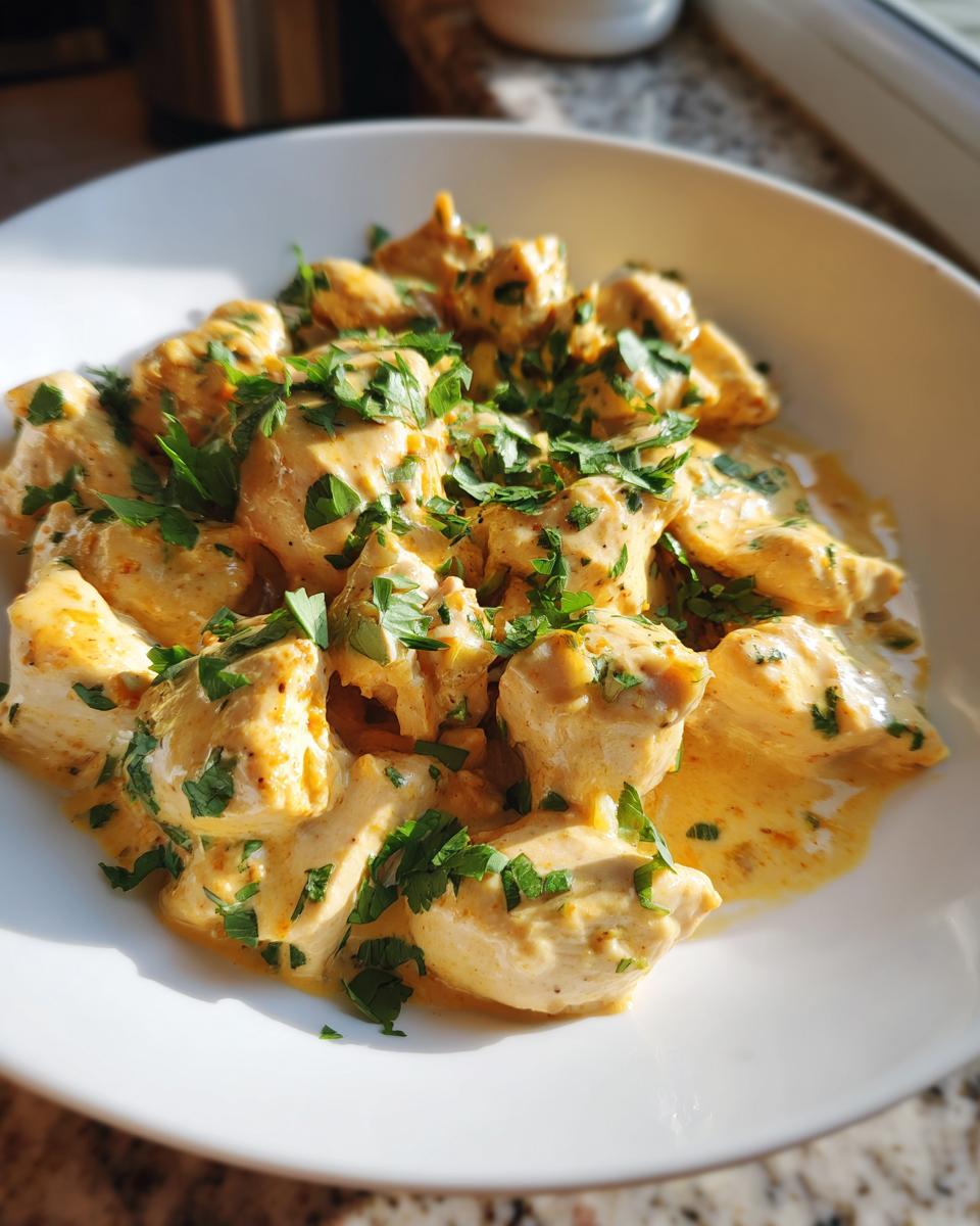 Close-up of creamy coconut lime chicken pieces topped with fresh parsley in a white bowl.