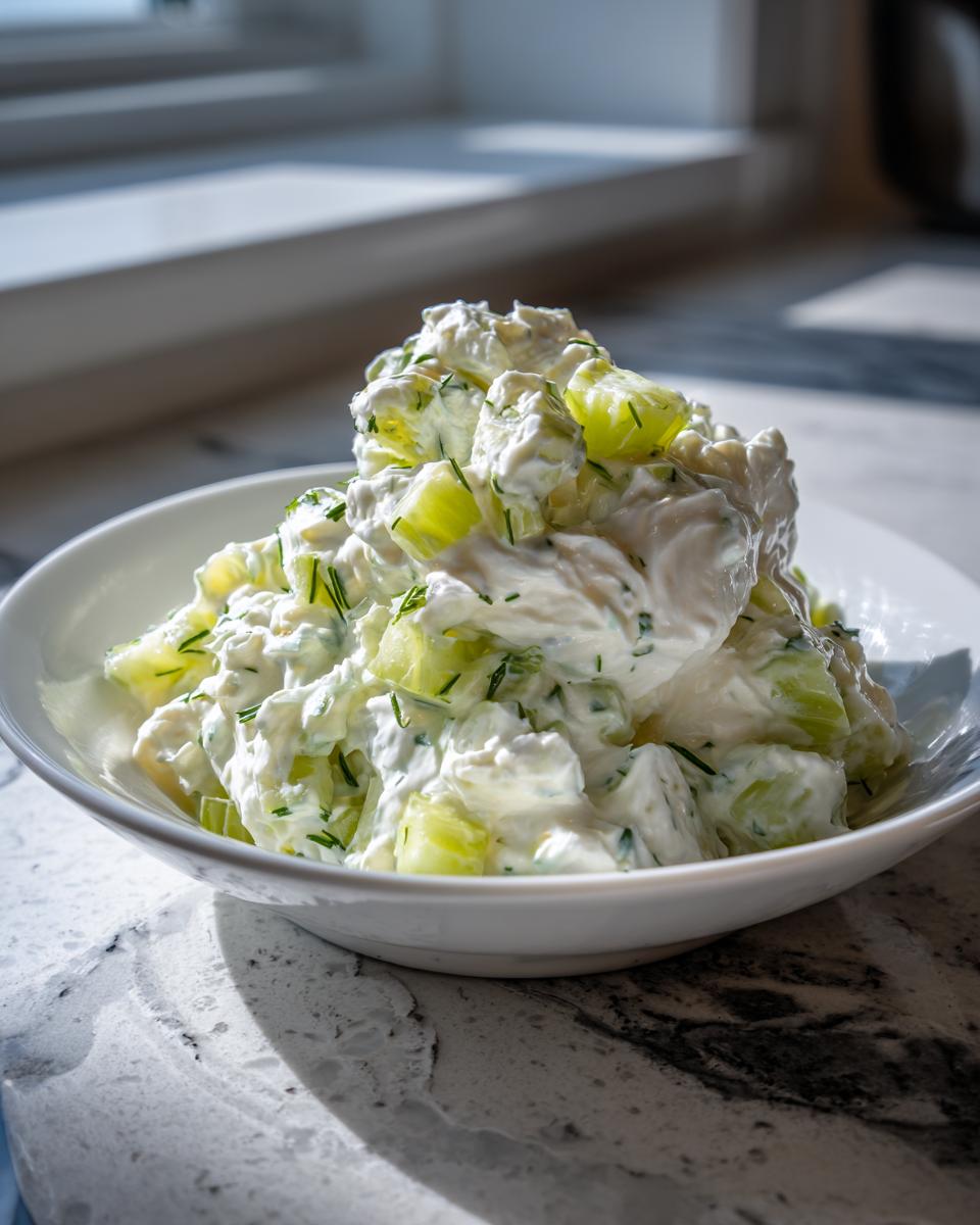 A bowl of creamy cucumber salad with dill, often mistaken for a chunky tartar sauce recipe.