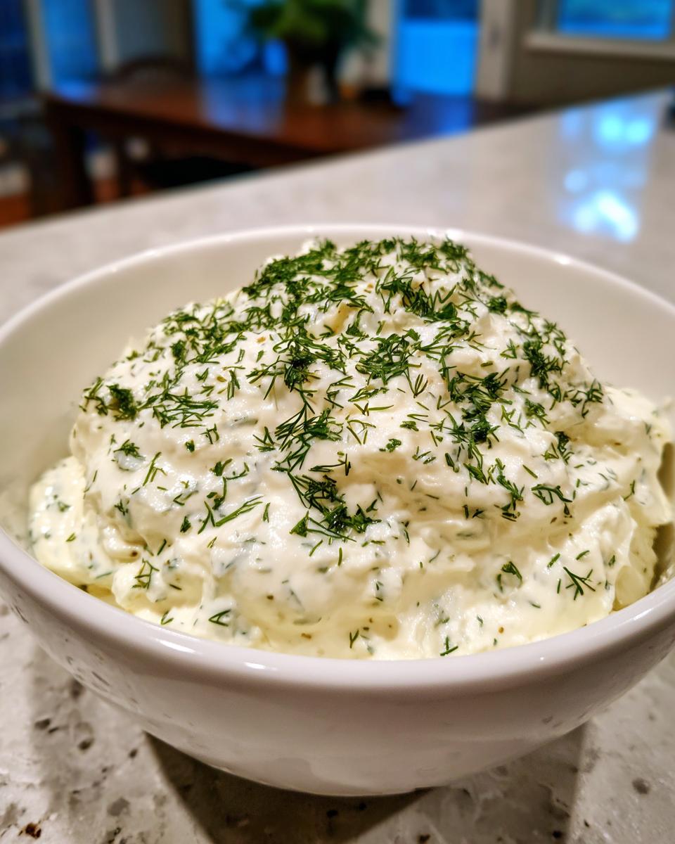 Close-up of a white bowl filled with creamy dill dip, generously topped with fresh chopped dill.