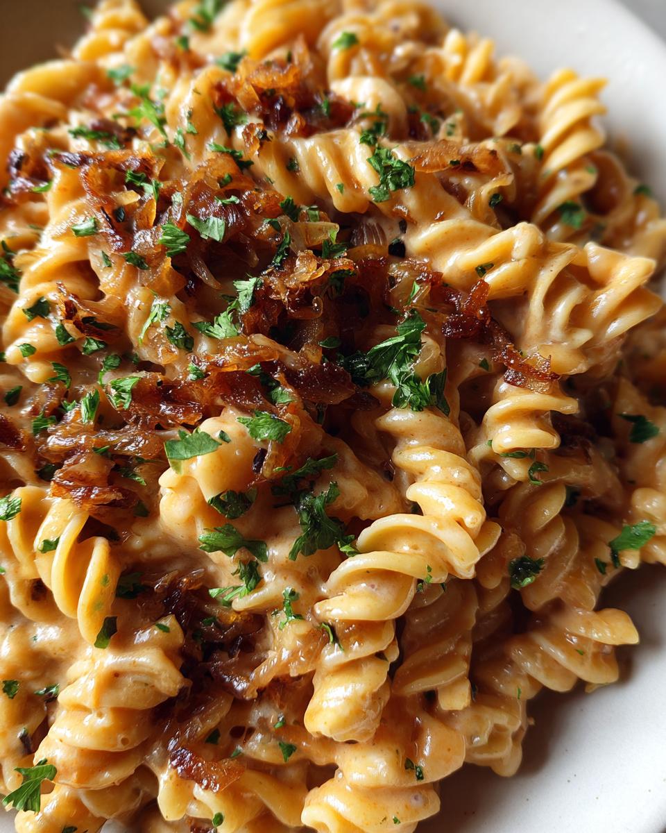 Close-up of creamy french onion pasta made with rotini, topped with caramelized onions and fresh parsley.
