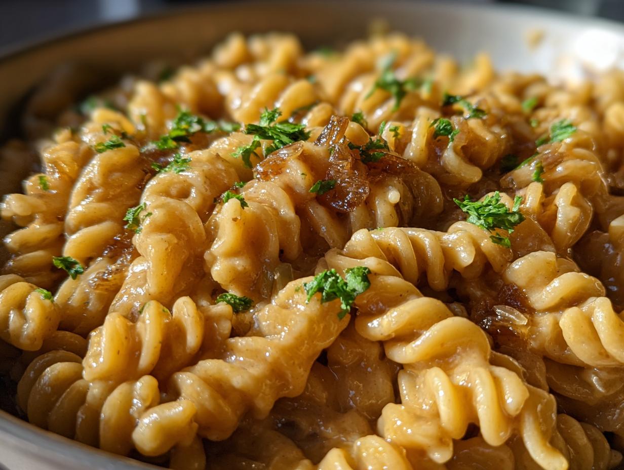 Close-up of creamy french onion pasta made with fusilli, topped with caramelized onions and fresh parsley.