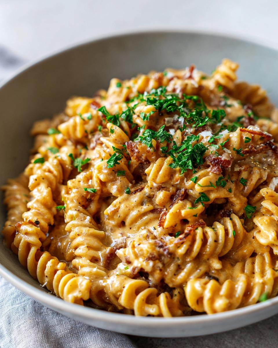 Close-up of creamy french onion pasta made with fusilli, topped with crispy bacon bits and fresh parsley.